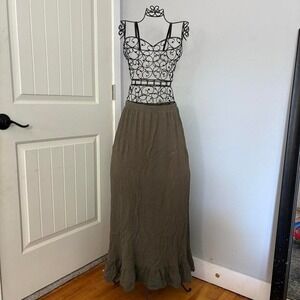 Vine and Valley Olive Green Size M Maxi Skirt with Ruffles, 100% Rayon Womens